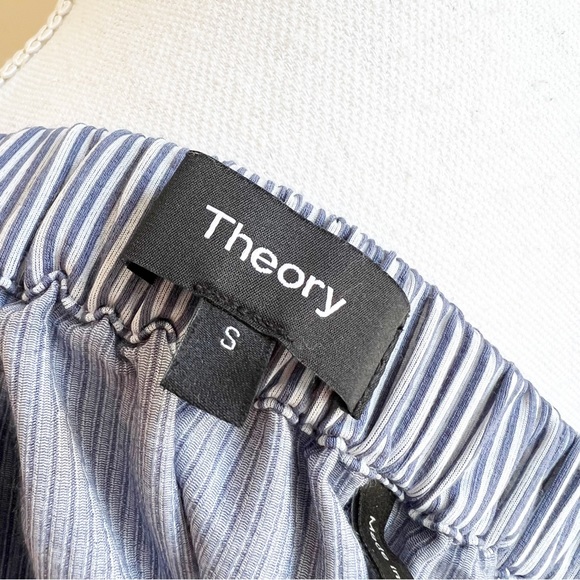 THEORY Odetta stretch off shoulder blouse seersucker size small blue white - Picture 4 of 8